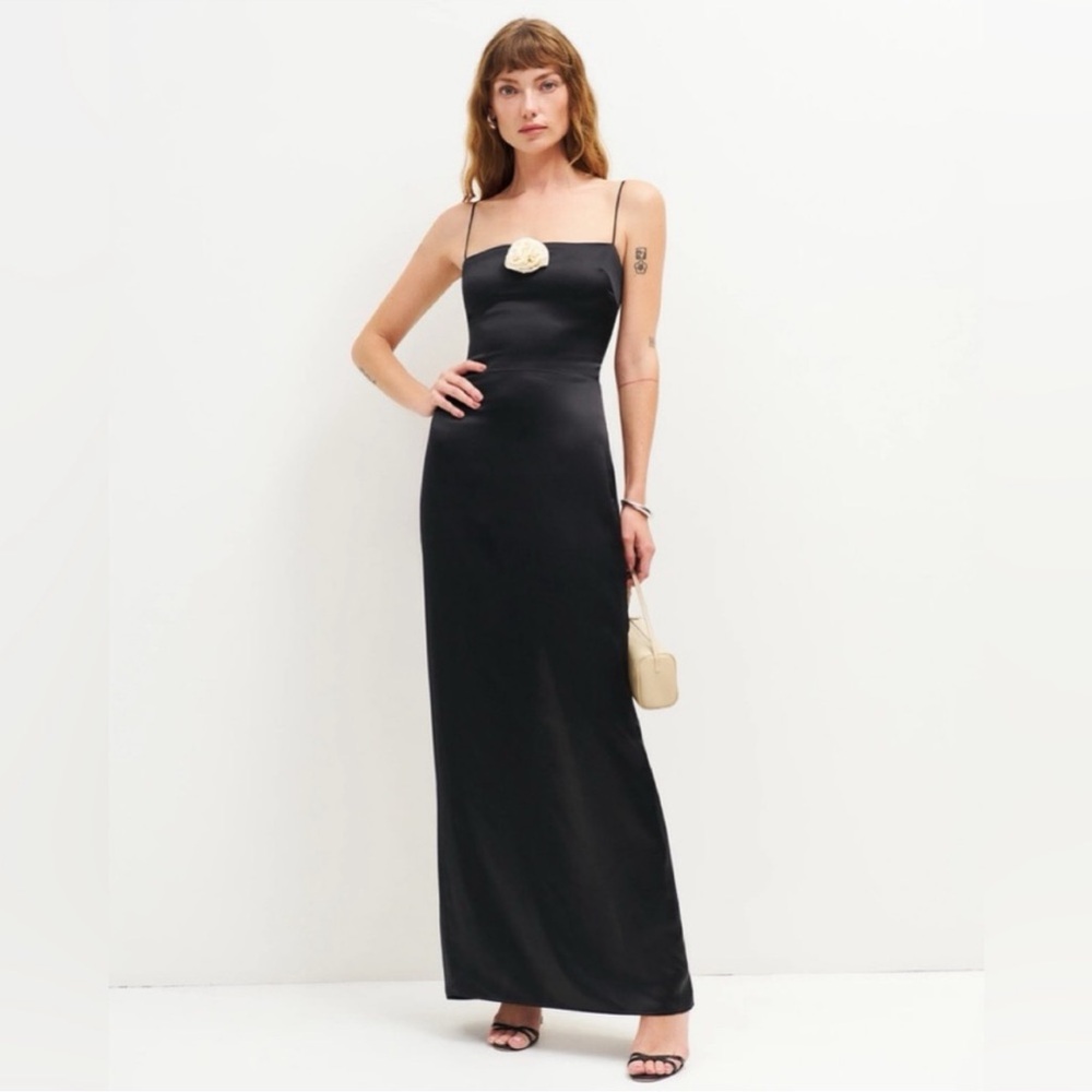 Reformation Black Satin Slip Maxi Dress with Cream Floral Detail